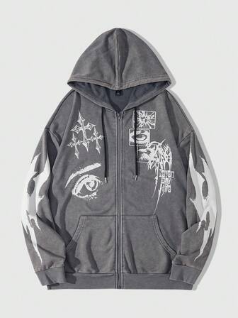 Street Life Felpa con cappuccio casual da uomo con zip e tasche, maniche lunghe con motivo a fiocco di neve