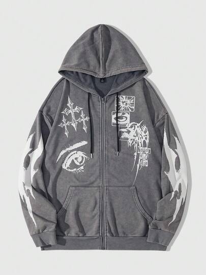 Street Life Sudadera con capucha, bolsillo y cremallera de manga larga con estampado de copos de nieve para hombre, de estilo casual