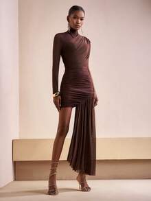 Zivah 2025 Autumn/Winter New Year, Valentine's Day, Party, Banquet, Date, Birthday Party, College Style, Student Wear, Daily Casual, Basic Versatile, Casual, Cruise Travel, Viral Hit, Elegant, Commute, Business Casual, Minimalist, Asymmetric Collar, Long Sleeve, Shoulder Splice, Ruched Mesh, Waist Cinched, Hem Mesh Sash, Brown Mini Dress, Party Dress, Women's Dress - Brown - View 3