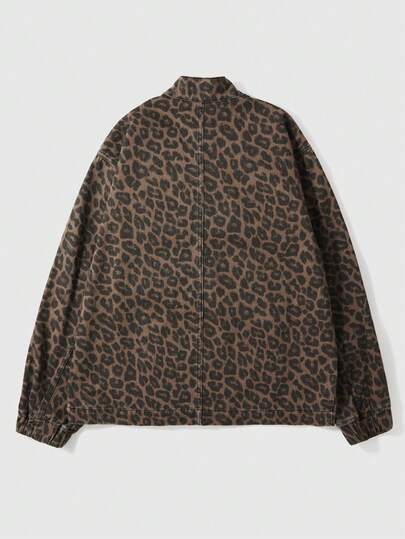Men's Leopard Punk Print Half-Zip Long Sleeve Stand Collar Fashionable Versatile Denim Jacket