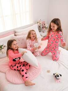 3pcs Girls Snug Fit Pajama Set With Cute Ocean Creature All-Over Print, Long Sleeve Top And Pants - Watermelon Pink - View 3