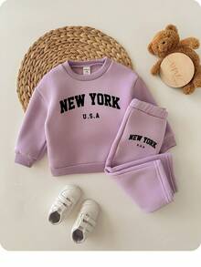 SHEIN 2 Stücke Baby Mädchen Oversized Buchstaben-Muster Rundhals Sweatshirt und Hose Set, lässiger Outfit für Outdoor und Zuhause, Baby Mädchen Sweat Set, Baby 2-teiliges Set, Baby lässige Sets, 2-teilige Sets, Baby Mädchen Trainingsanzug Herbst Winter - Mauve - Übersicht 3