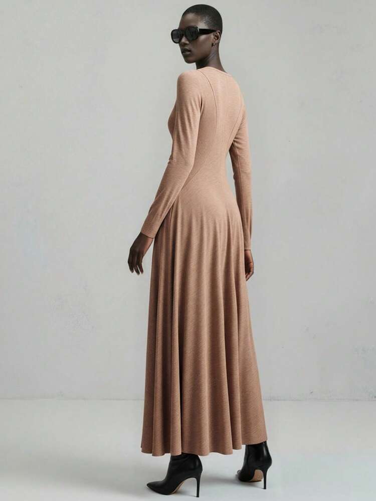 Elegant Autumn Camel Knitted Flared Dress,Long Sleeve Boat Neck Fitted Silhouette Gigot Sleeve Waist Cinched Women's Office Wear Brunch Wedding Guest