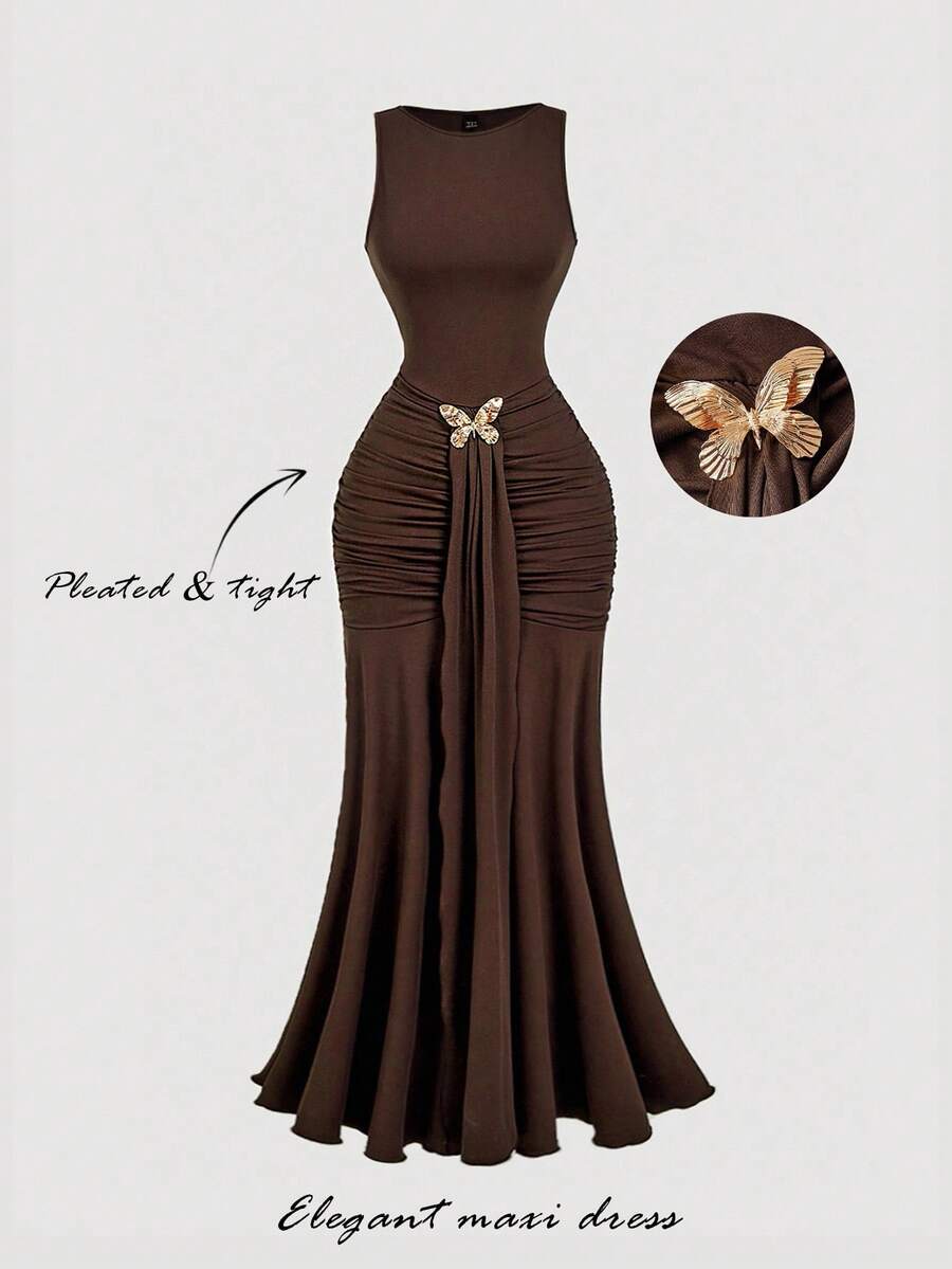SHEIN MOD Đầm nâu xếp ly cho nữ, Đầm mùa thu cho nữ, Đầm Halloween, Đầm dự tiệc cưới, Đầm thanh lịch cho nữ, Đầm dự tiệc trang trọng, Đầm, Đầm mùa đông, Đầm, Đầm dự tiệc, Trang phục Lễ Tạ ơn, Trang phục Halloween - màu nâu - Xem 1