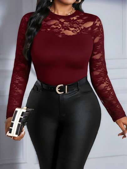 SHEIN Lady 2025 New Spring, Summer, Autumn And Winter Lace Burgundy Knitted Round Neck Long Sleeve Contrast Color Mesh Plus Size T-Shirt Halloween Plus Size Halloween Stylish Collection Christmas Winter For Women