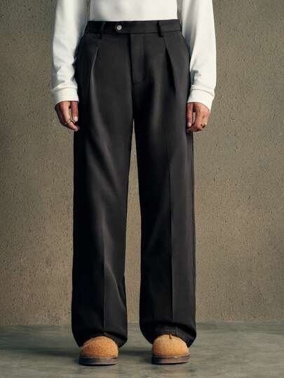 AXEPEAK 男士梭织休闲宽松纯色松紧腰直筒裤，秋季