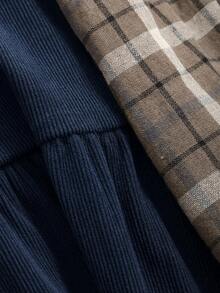 Dazy Star 女式休闲格子拼接二合一连衣裙，秋季 - 藏蓝色 - 查看 6