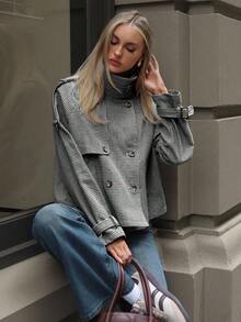 Aloruh Women's Casual Loose Houndstooth Patterned Jacket - Black and White - View 7