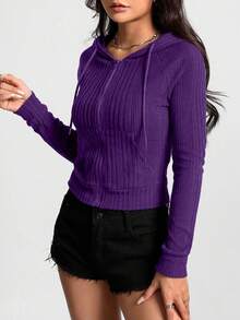 Flirla Women's Solid Color Long Sleeve Zipper Collar Pocket Drawstring Casual Hoodie - Purple - View 5