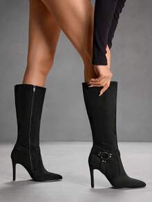 CUCCOO SZL 优雅性感的带扣装饰黑色过膝长靴，尖头细高跟时尚踝靴，时尚百搭的全新设计长靴，展现女性魅力和精致 - 黑色 - 查看 5