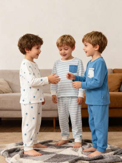 6 件套小男孩薄款紧身睡衣，可爱简约条纹星星印花长袖上衣和裤子，秋冬休闲家居服