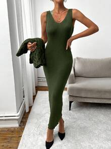 EURMUSE Kvinnor Grön Ribbstickad Långärmad Tröja Klänning & Pullover Tröja - Grön - Visa 2