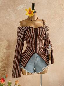 Soleia 女式度假休闲条纹露肩针织上衣 - 咖啡棕 - 查看 8