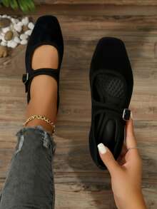 Mujer Confort Hebilla Punta Cuadrada Sin Tacón Estilo Clásico Oficina Diario Mary Jane - Negro - Ver 1