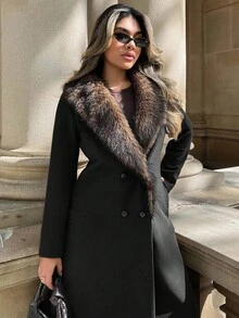 Xyvia 标准尺寸女式长款翻领大衣，仿毛领，双排扣，A 字型，秋冬款 - 黑色 - 查看 1