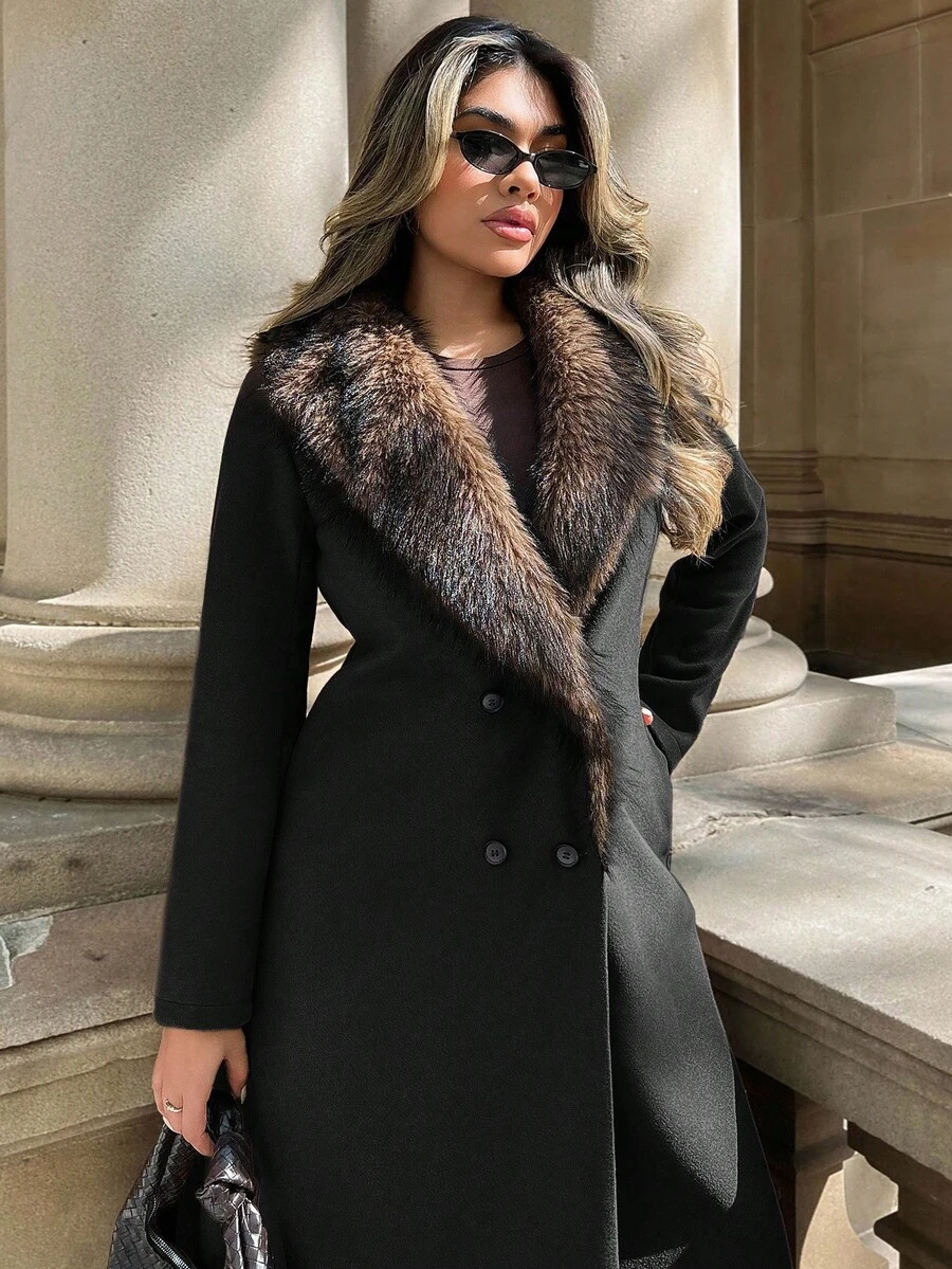 Xyvia 标准尺寸女式长款翻领大衣，仿毛领，双排扣，A 字型，秋冬款 - 黑色 - 查看 1