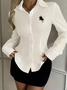 SHEIN EZwear 女式休闲腰部收紧长袖纽扣衬衫，适合秋冬季 - 杏色 - 查看 5