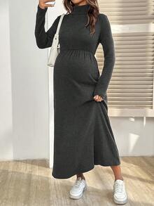 SHEIN Maternity Casual Solid Color Turtleneck Long Dress, Autumn/Winter - Dark Grey - View 3