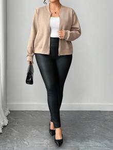 SHEIN Tall CURVE Plus Size Women Casual Stand Collar Zip-Up Jacket - Khaki - View 3