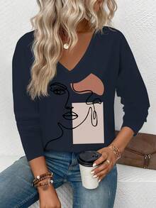 EMERY ROSE Women's Geometric Portrait Print V-Neck Long Sleeve Casual Versatile T-Shirt, Autumn/Winter Best Seller - Navy Blue - View 6