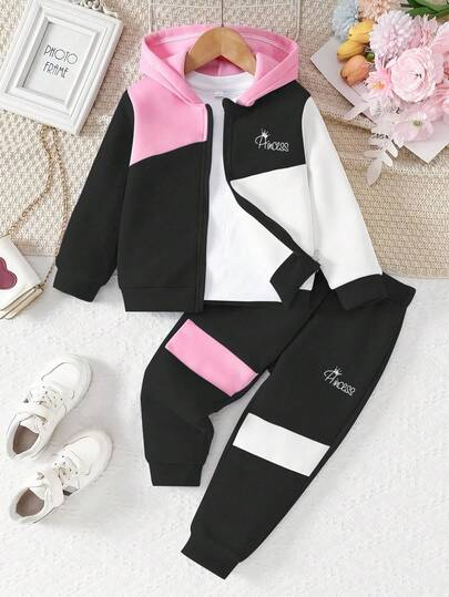 2pcs/Set Young Girls Contrast Color Block Hooded Zipper Sweatshirt Sweatshirt And Drawstring Pants Outfit, Autumn/Winter