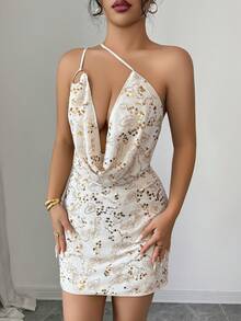 Rafferiza 女式休闲性感低胸亮片连衣裙 - 杏色 - 查看 5