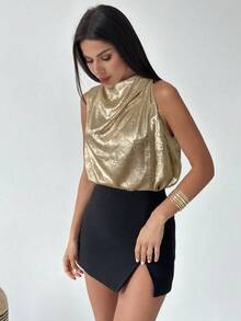 Firerie Blusa asimétrica plisada de oro elegante y de moda para uso diario, oficina, vacaciones y festivales musicales - Dorado - Ver 7