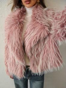 Aloruh Women's Light Pink Faux Fur Jacket,Winter Elegant Oversized Lapel Long Sleeve Fluffy Thick & Warm Loose Fit Coat For Party Night Mid-Length Outerwear - Baby Pink - View 7