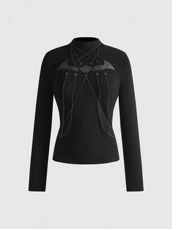 Goth Gothic Punk Chain Decor Bat Hollow Out Embroidery Slim Fit Women T-Shirt