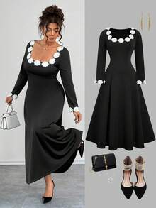 Elenzga Plus Size Crew Neck Floral Decor Waist Cinched A-Line Long Sleeve Dress, Elegant For Outings, Dates, And Gatherings - Black - View 1