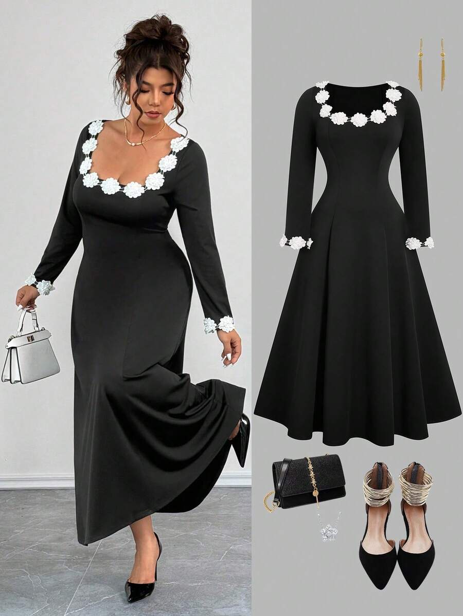 Elenzga Plus Size Crew Neck Floral Decor Waist Cinched A-Line Long Sleeve Dress, Elegant For Outings, Dates, And Gatherings - Black - View 1