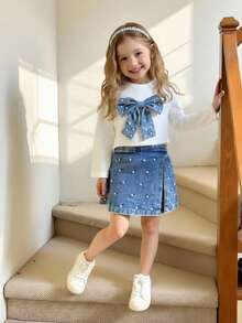 Girls' Casual Fashion Daily Street Crew Neck Long Sleeve Bow & Pearl Design T-Shirt With High Waist Short Denim Skort, Back To School Outfit, All Season Fall Winter