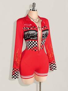 SHEIN ICON PLus Size Y2k Going Out Sports Style Long Sleeve Jumpsuit With Motorcycle Print - Red - View 6