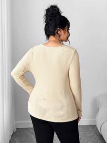 Elenzga Große Größen Neue Damen Schräger Kragen Langarm Gerippter Fleece mit Metallknöpfen an der Taille, Raffung Design, Lässig Vielseitig Elegantes T-Shirt Top, Herbst/Winter - Aprikosenfarben - Übersicht 6