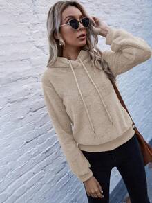 SHEIN LUNE Plain Solid Color Fleece Hooded Long Sleeve Pullover Sweatshirt, Autumn/Winter - Apricot - View 6
