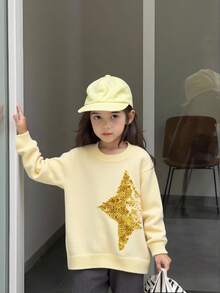 SHEIN 女童亮片五角星图案圆领长袖休闲毛衣，秋冬季闪亮服饰，适合3-4岁女童，秋冬季服装，毛衣，女童针织毛衣，女童秋冬季毛衣，可爱服饰，春秋季套装，女童秋冬季服装，女童服装，女童秋冬季服装，毛衣，女童秋冬季毛衣，秋冬季女童服装，秋冬季女童服装，套头衫 - 黃色 - 查看 3