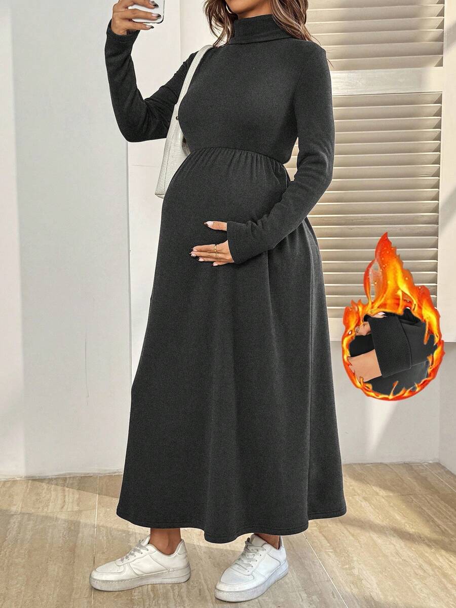 SHEIN Maternity Casual Solid Color Turtleneck Long Dress, Autumn/Winter - Dark Grey - View 1
