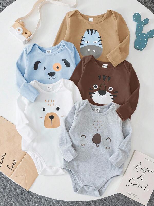 SHEIN 5 pezzi Body neonato maschio, alta elasticità, vestibilità morbida, foderato termicamente, morbido e comodo, con stampa di orso e cane, maniche lunghe, design con bottoni a pressione