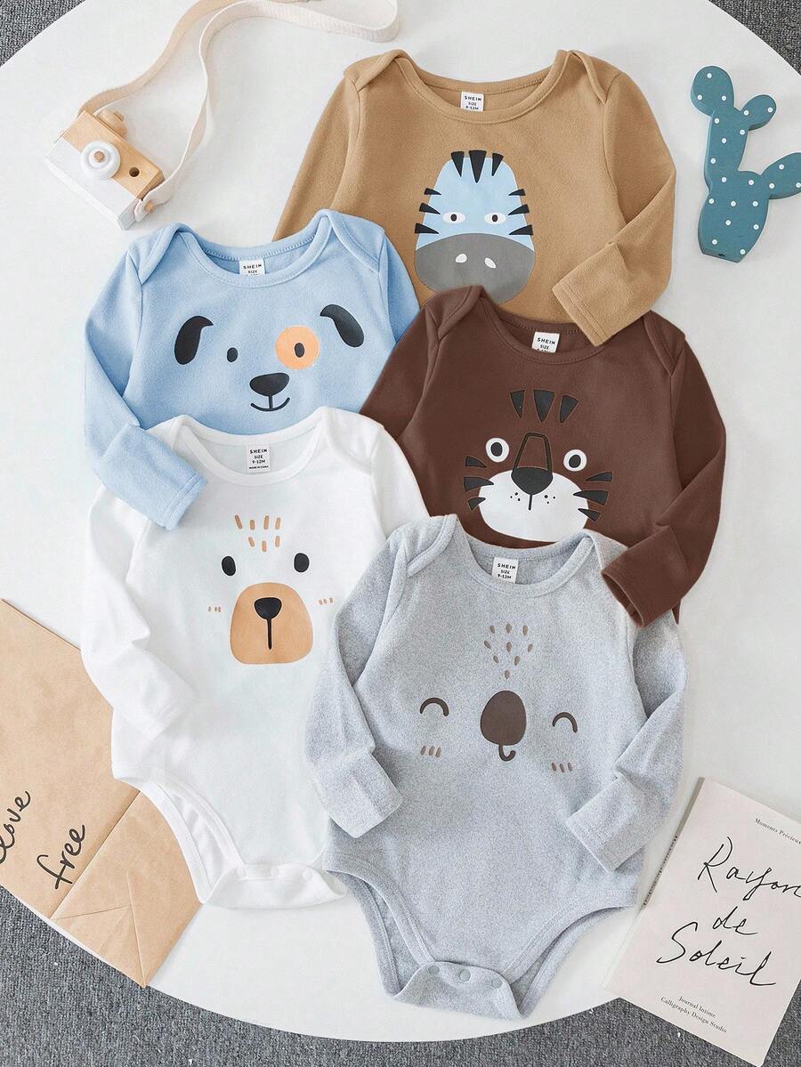 SHEIN 5pcs Baby Boys  Graphic High Elastic, Loose Fit, Thermal Lined, Soft & Comfy, Cartoon Bear & Dog Animal Print Pattern, Long Sleeve, Snap-Up Design Bodysuits Graphic Cartoon - Multicolor - View 1