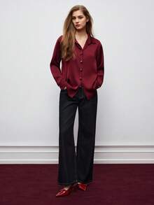 Maija Satynowa bluzka damska, odpowiednia na sezon przyjęć świątecznych, śliwkowa czerwień, jesień, jesień dla kobiet, Boże Narodzenie dla kobiet, Nowy Rok dla kobiet, koszula na Święto Dziękczynienia, impreza, eleganckie bluzki damskie, bluzki codzienne dla kobiet