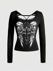 ROMWE Grunge Punk Y2K Punk Skeleton Wing Print Hollow Back Burnout Slim Fit Solid Color Versatile T-Shirt - Black - View 2