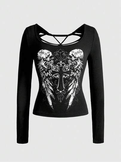 Grunge Punk T-shirt polyvalent slim fit, couleur unie, avec impression d'ailes de squelette punk Y2K et dos ajouré