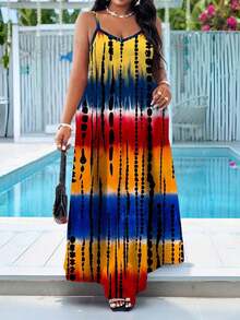 SHEIN Lady Spring And Summer Casual Stitch Contrast Tie-Dye Pattern Print Beach Spaghetti Strap Ball Gown Suspender Dress Plus Size Dress Plaid Dress African Dress Suitable For Going Out Chic Dress - Multicolor - View 1