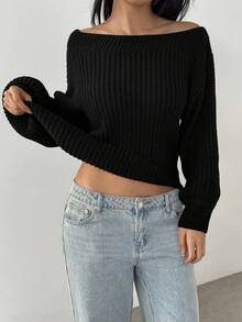 FavEase Fashionable & Versatile Women's Solid Color Oblique Shoulder Long Sleeve Loose Sexy Knit Top