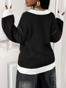 BamGleam Suéter feminino casual de malha com estampa de manga comprida e decote em V, outono/inverno - Preto - Ver 2