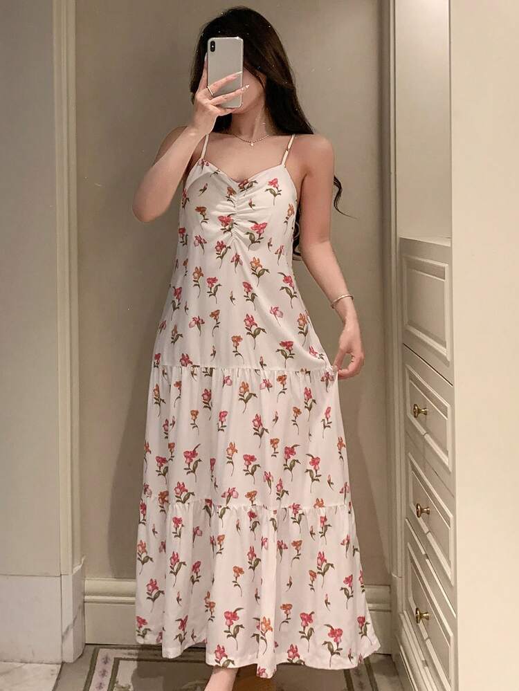 Floral Print Ruched Design Maxi Slip Dress For Women