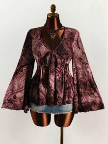 Amplova Plus Size Women Sexy Baroque Party Top Burgundy - Multicolor - View 2