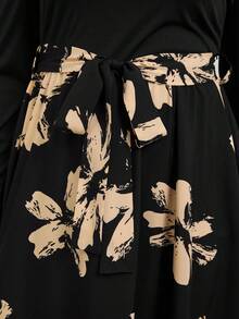 SHEIN PETITE CURVE Váy len dệt kim họa tiết chắp vá màu trơn cỡ lớn cho nữ, tay bồng, buộc eo, phong cách cổ điển lãng mạn, đa năng cho mùa thu/đông - Nhiều màu - Xem 7
