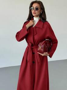 Aloruh Women's Solid Color Raglan Sleeve Belted Casual Jacket, Autumn/Winter - Red - View 6