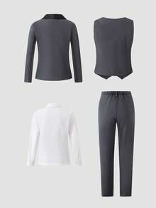 SHEIN 4 件套 Tween Boy 高级优雅时尚宴会婚礼舞台表演主持人服装套装。西装外套 + 修身背心 + 纯白长袖衬衫 + 休闲裤 4 件套，适合晚宴、派对、主持、舞台表演、聚会、T 台、洗礼、商务、生日派对、婚礼、毕业典礼和各种场合，适合所有季节 - 深灰色 - 查看 2
